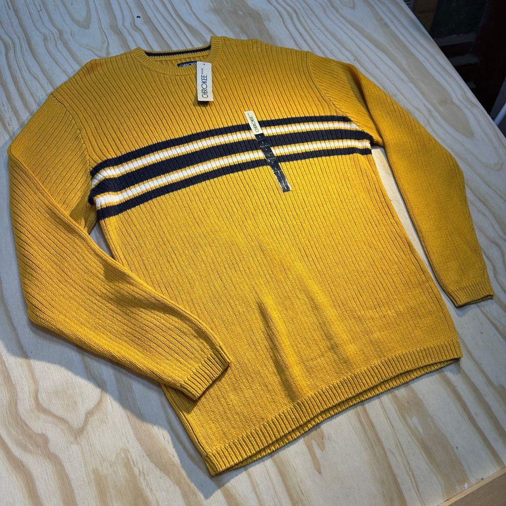 Cherokee Mens Large Yellow Ribbed Striped Crewneck Sweater Vintage Style New